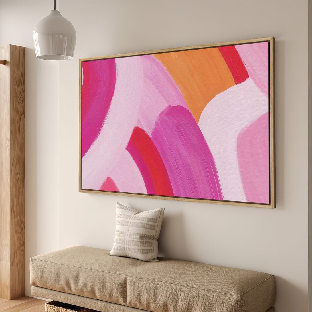 Framed Wall Art: Abstract art print in pink, orange, and red. Modern style canvas print adds a pop of color to any interior. Shop now!