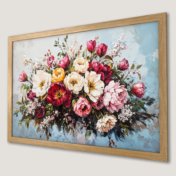 Framed Poster featuring a vibrant floral bouquet in a painterly style with a red, pink, and yellow color palette.