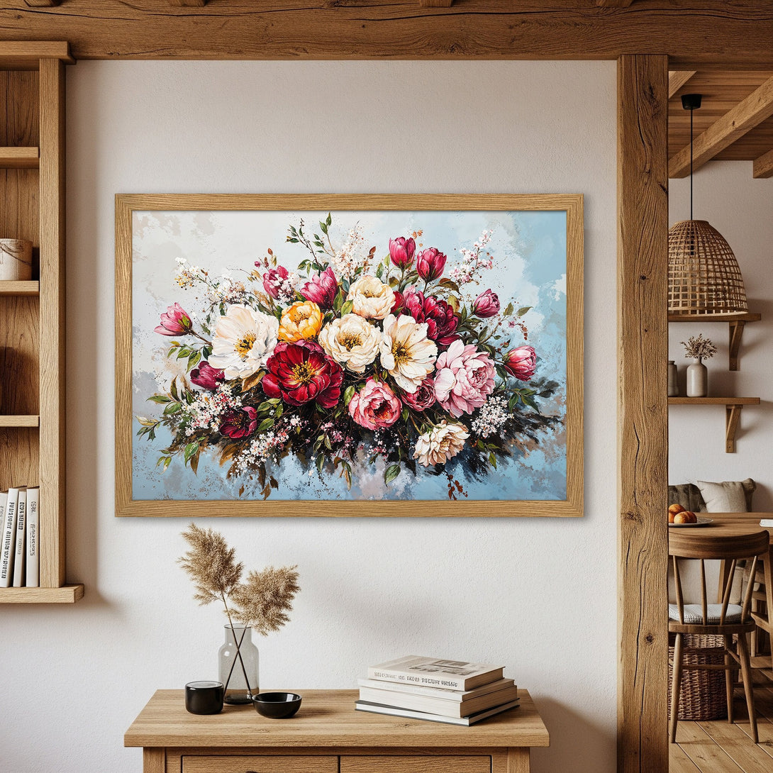 Framed Poster featuring a vibrant floral bouquet in a painterly style. Rich reds, pinks, and yellows pop against a soft blue background. Perfect wall art!