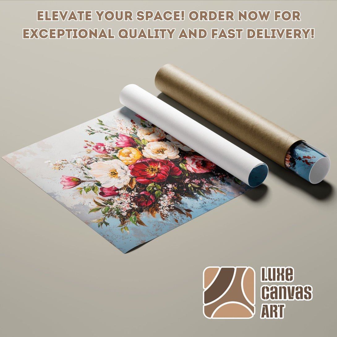 Floral art Poster Roll, oil painting style, vibrant red, white, and blue color palette.
