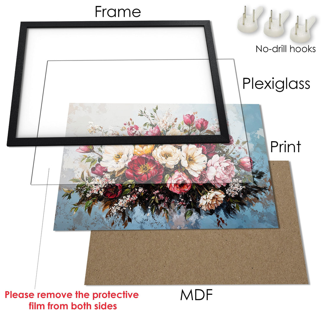 Framed Poster featuring a floral watercolor painting in a soft, romantic style with a blue and pink color palette. Perfect wall art!