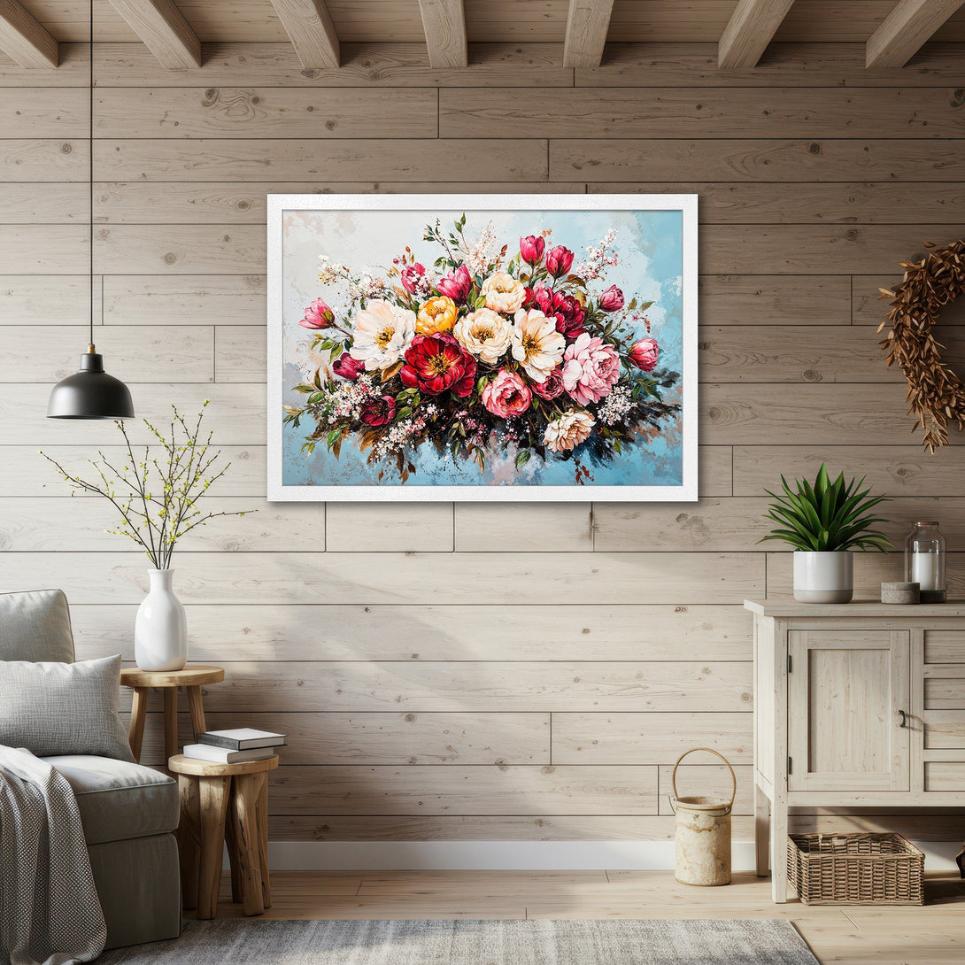 Framed Poster featuring a vibrant floral arrangement in a modern style. Beautiful color palette with pink, red, and yellow blooms. Perfect wall art!