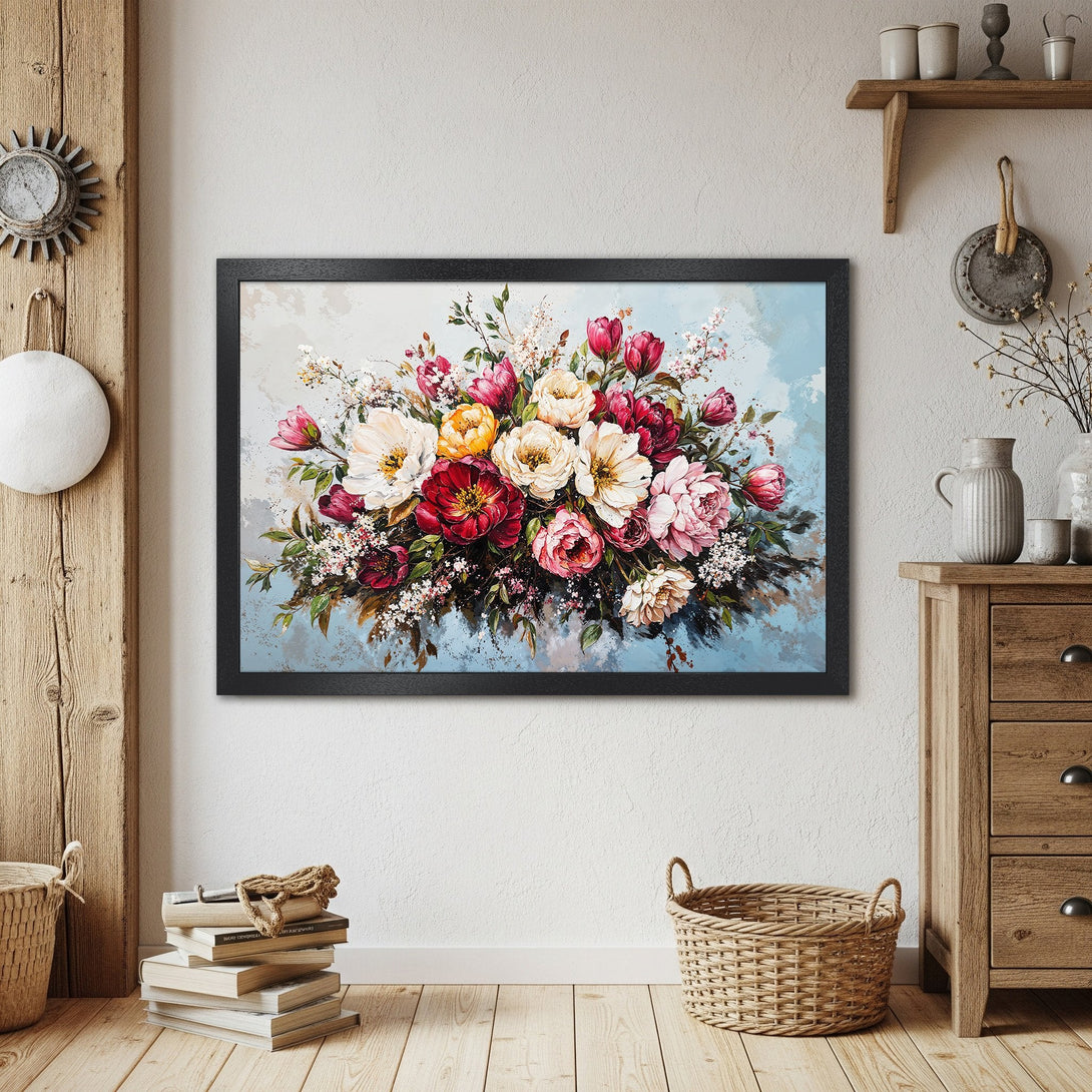 Framed Poster of floral bouquet art. Impressionist style, vibrant red, pink, and yellow flowers on a light blue background. Perfect wall decor.