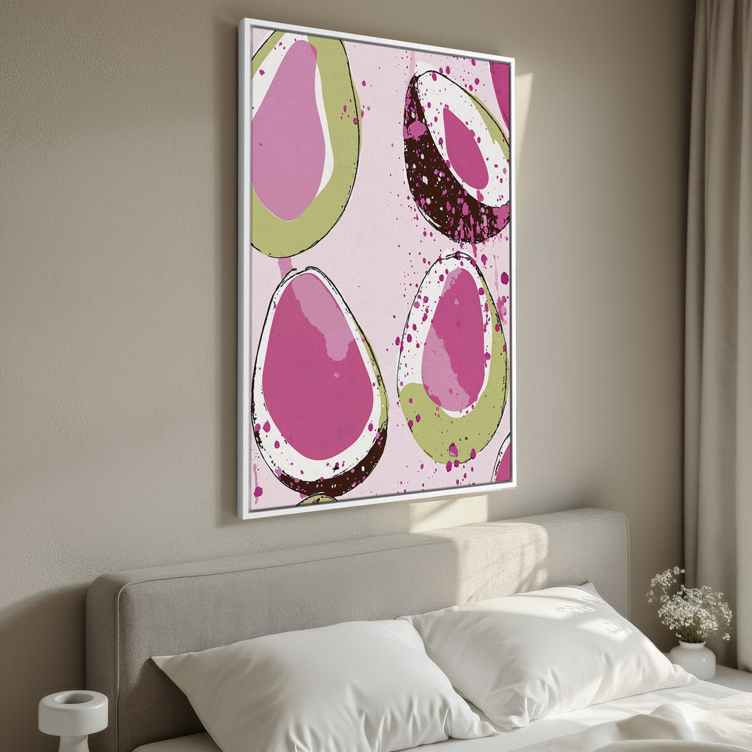 Framed Wall Art featuring abstract avocado slices in a pop art style. Pink, green, and brown color palette. Perfect for adding a touch of modern art to your space.