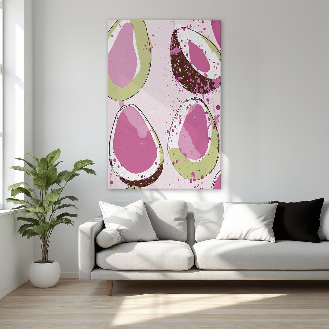 Framed Wall Art featuring abstract avocado art in pink and green hues. Modern, stylish canvas print for a pop of color in your home decor.