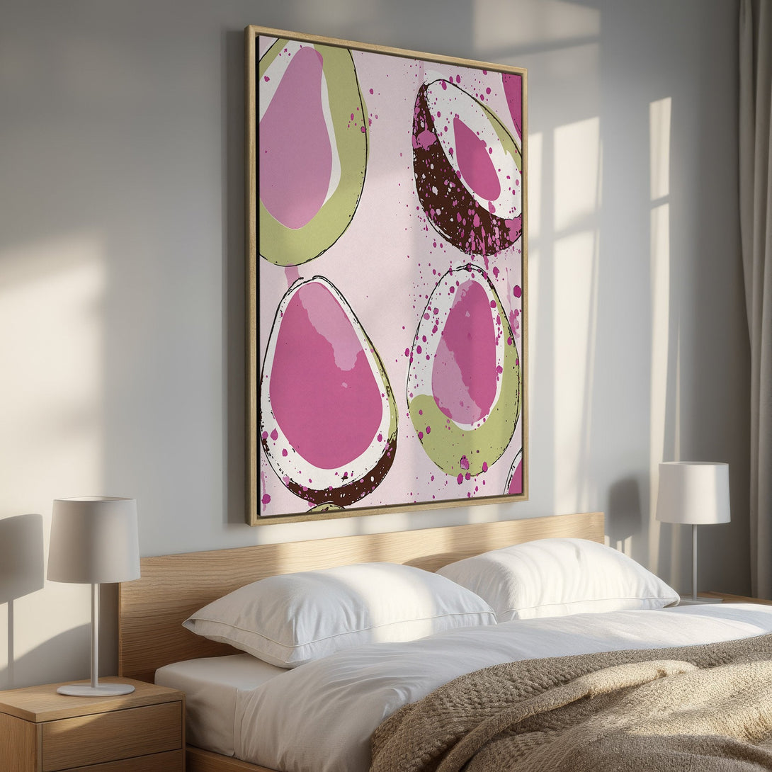 Framed Wall Art featuring abstract avocado art in pink, green, and brown. Modern bedroom decor with a pop of color. Perfect for adding style!