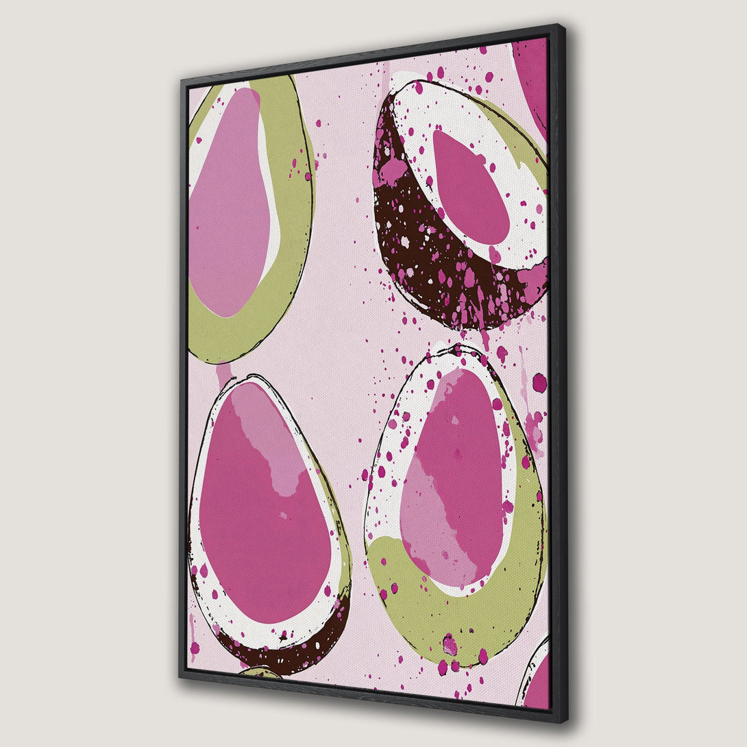 Framed Wall Art featuring abstract avocado art in pink, green, and brown. Modern canvas print perfect for adding a pop of color to your home decor.