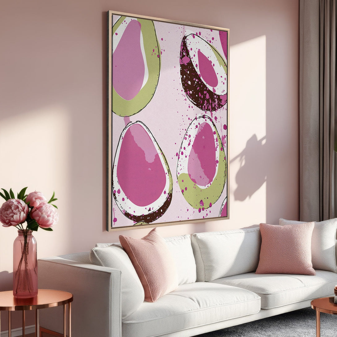 Framed Wall Art featuring abstract avocado slices in pink, green, and brown. Modern art canvas print perfect for adding a pop of color to your space.