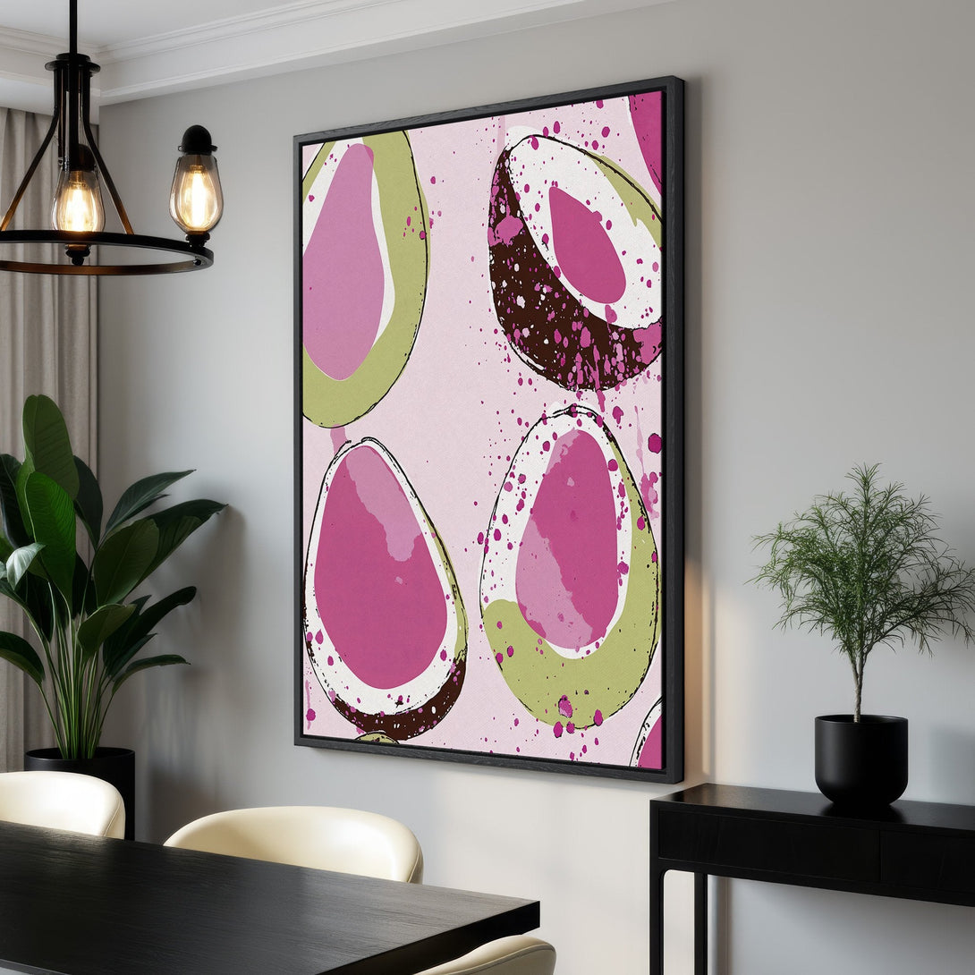 Framed Wall Art: Abstract avocado slices in pink, green, and brown. Modern art canvas print for kitchen or dining room decor.