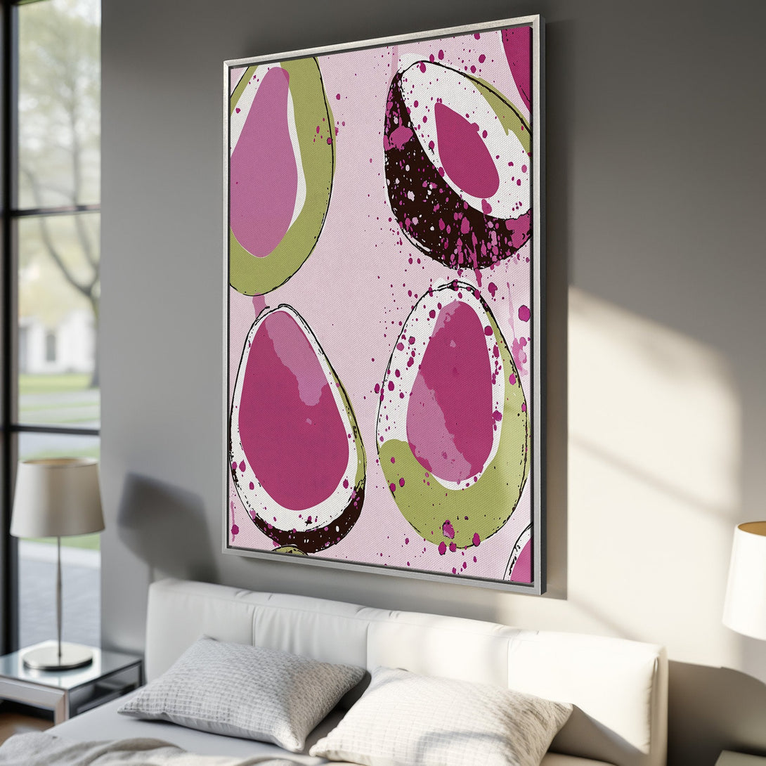 Framed Wall Art featuring abstract avocado slices in pink, green, and brown. Modern art canvas print perfect for bedroom decor.
