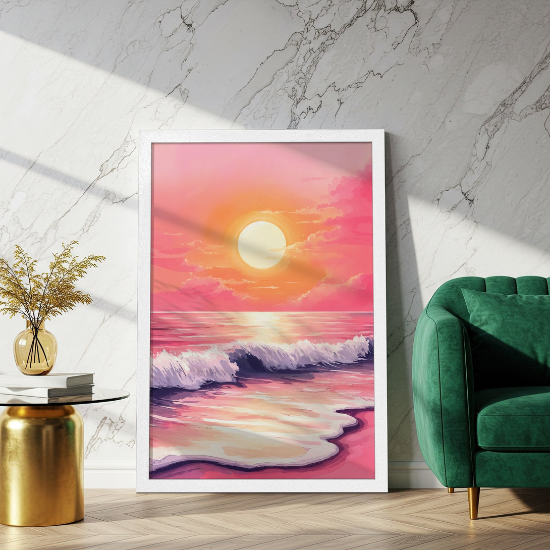 Framed Poster of a sunset over the ocean, in a dreamy, watercolor style. Pink and orange hues create a calming, aesthetic wall art.