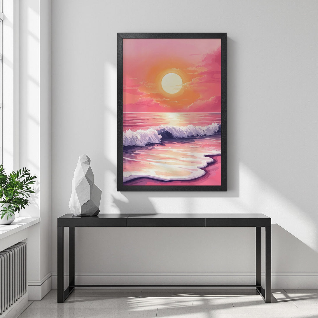 Framed Poster featuring a vibrant sunset over the ocean. Artistic style with a warm pink and orange color palette. Perfect wall art!