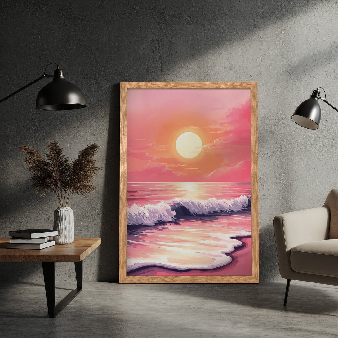 Framed Poster of a sunset over the ocean. Artistic style with a pink and orange color palette. Perfect wall art for your home!