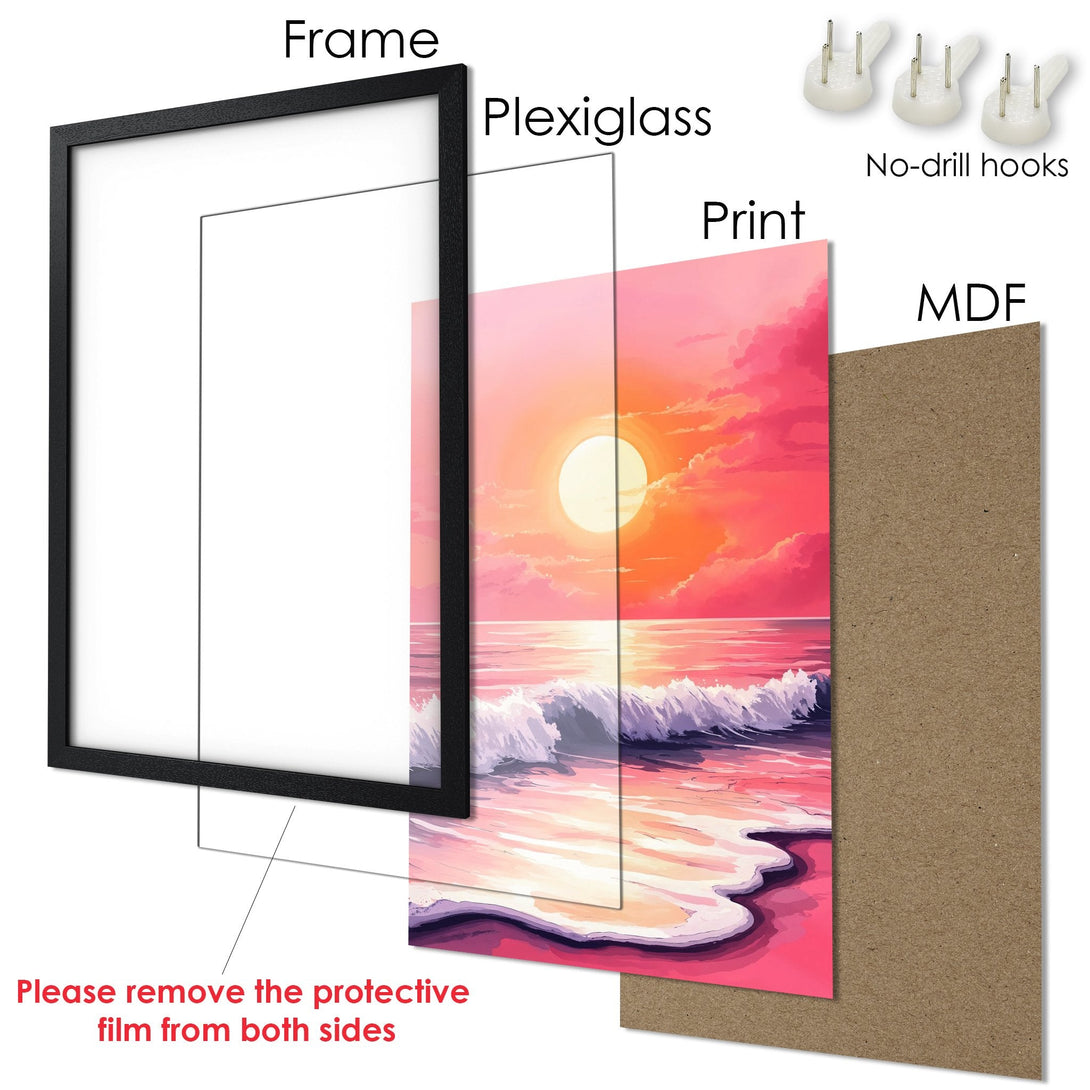 Framed Poster featuring a vibrant sunset over the ocean, in a dreamy, artistic style with a pink and orange color palette.