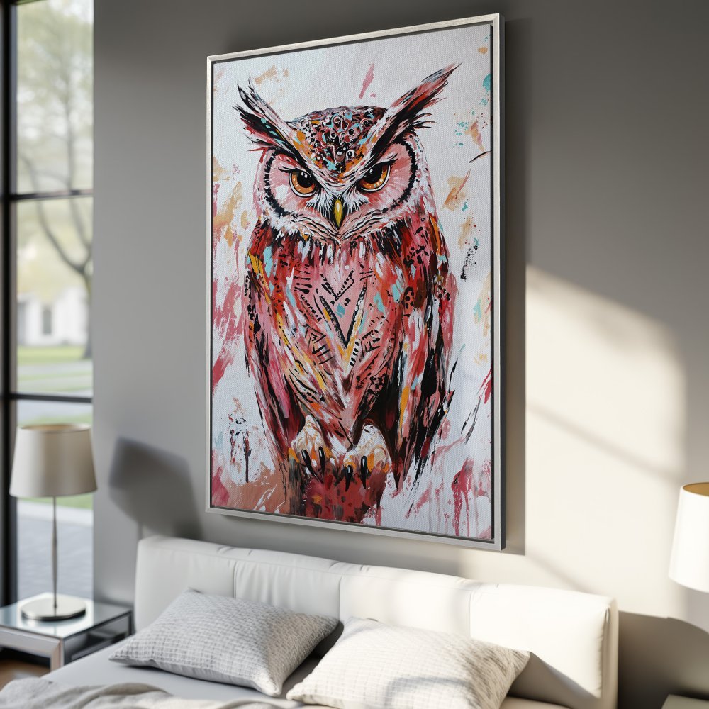 Framed Wall Art: Colorful owl painting in vibrant red, pink, and orange hues. Modern abstract style Canvas Print perfect for home decor.