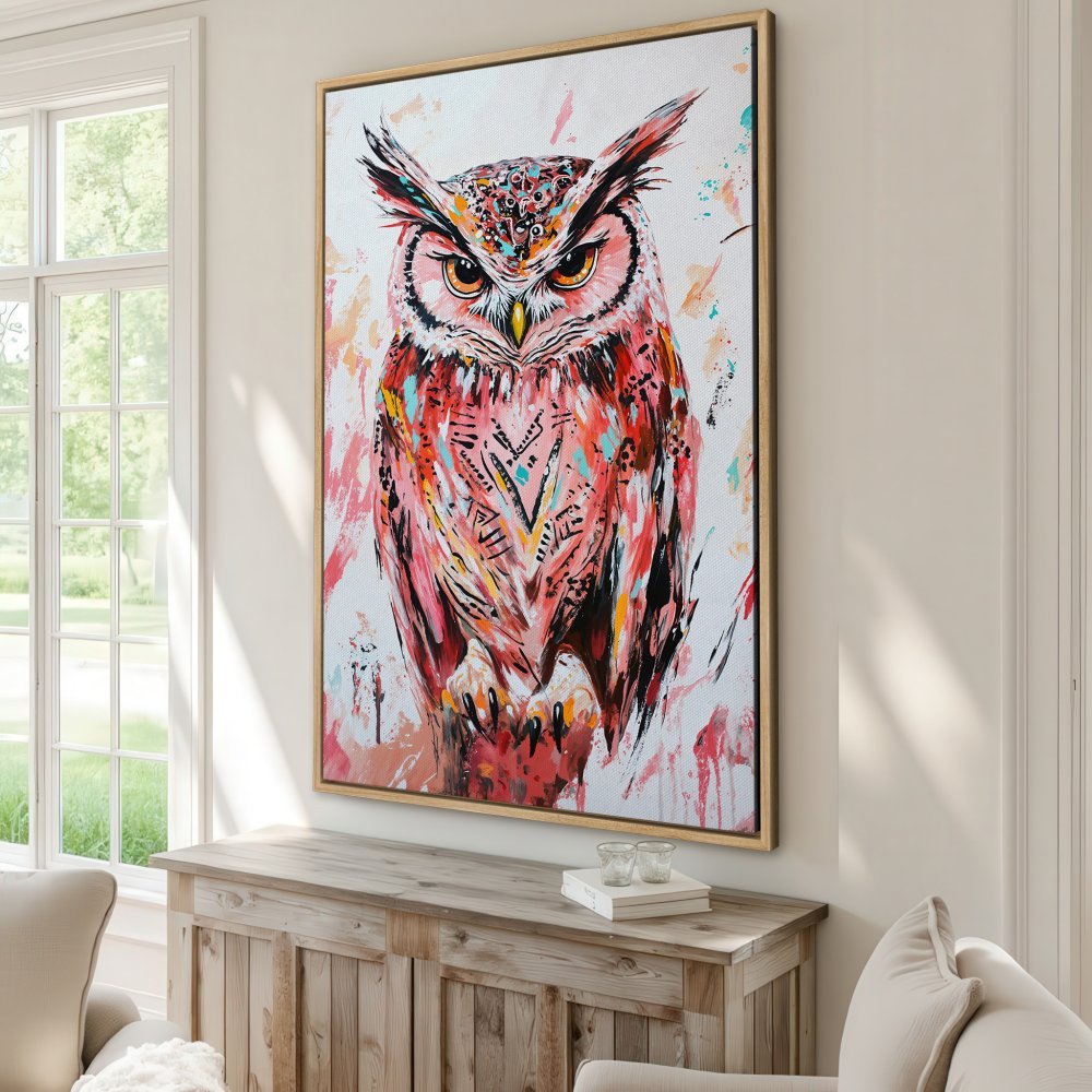 Abstract owl Canvas Print in vibrant pink, red, and orange hues. Modern wall art for a stylish living room.