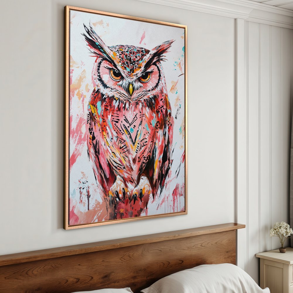 Framed Wall Art: Colorful owl painting in vibrant reds and oranges. Modern abstract style Canvas Print adds a pop of art to your home decor.
