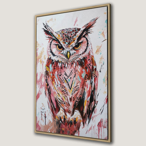 Framed Wall Art: Abstract owl painting in vibrant reds and oranges. Add a touch of art to your home with this stunning Canvas Print!