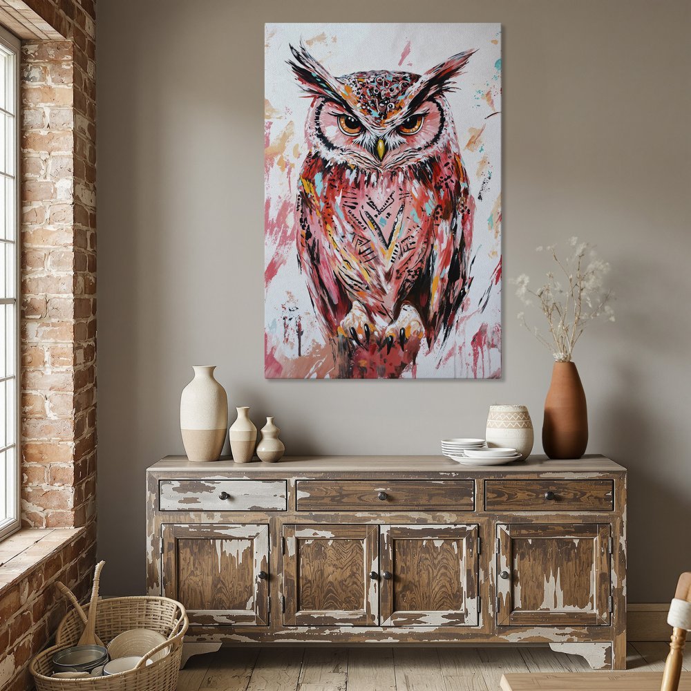Framed Wall Art: Colorful owl painting in a modern style, featuring red, pink, and teal accents. Perfect for living room decor.