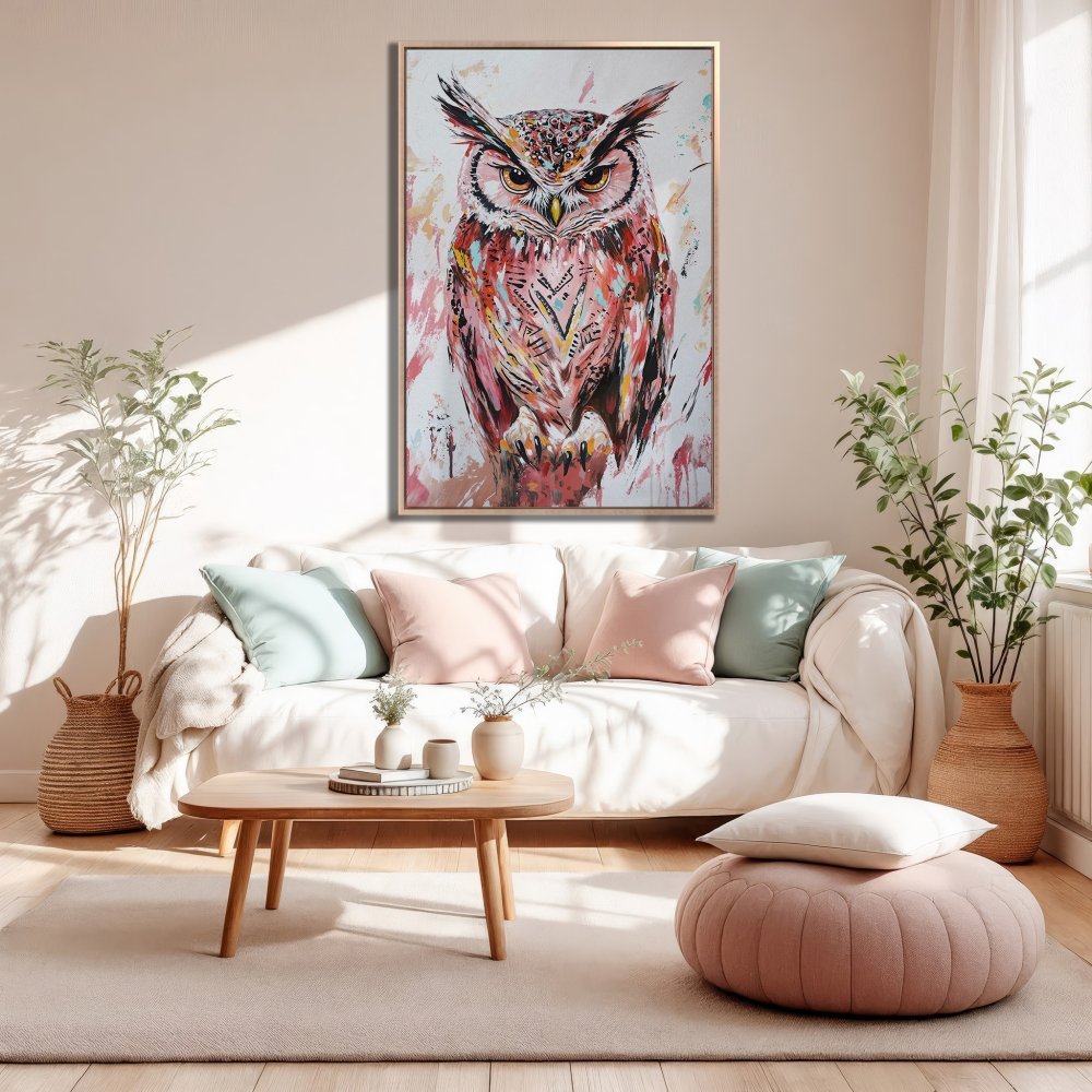 Framed Wall Art: Colorful owl painting in a modern style. Pink, red, and white palette. Perfect for living room decor.