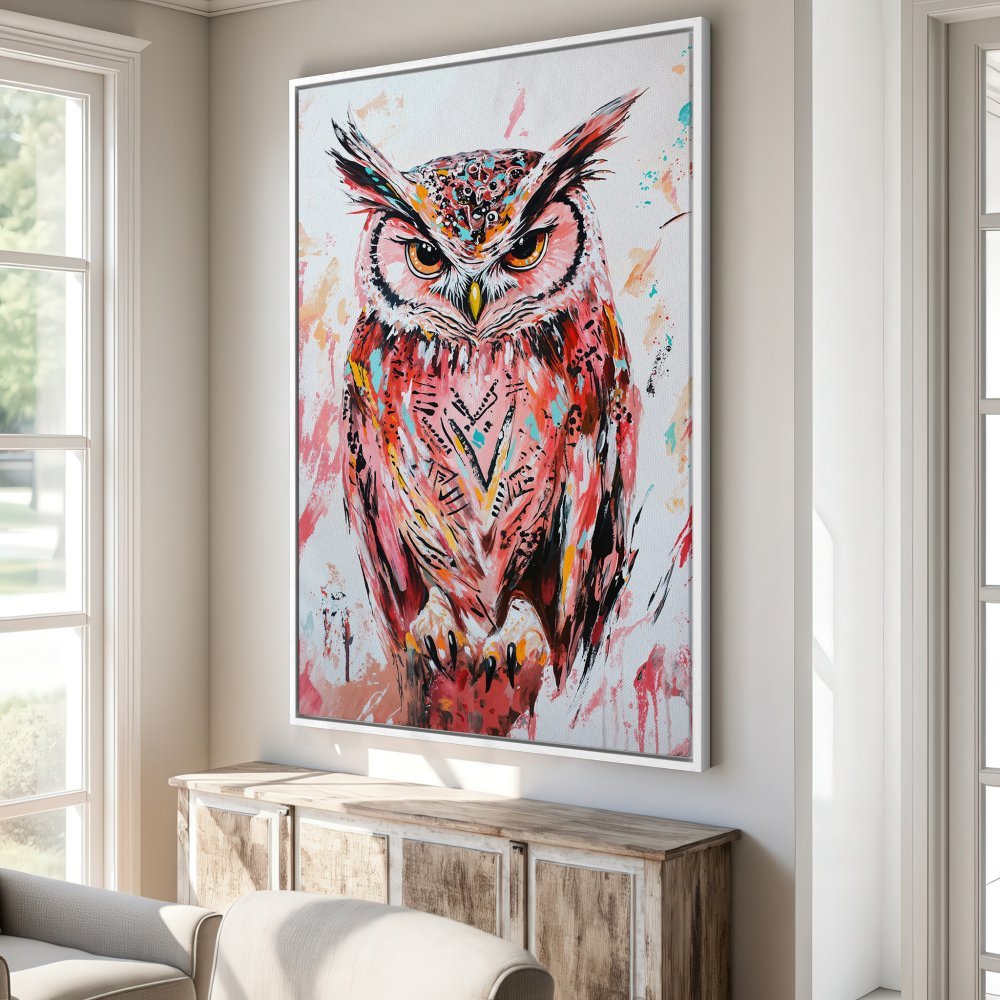 Framed Wall Art: Colorful owl painting in vibrant red, pink, and teal hues. Modern abstract style Canvas Print adds a pop of art to any space.