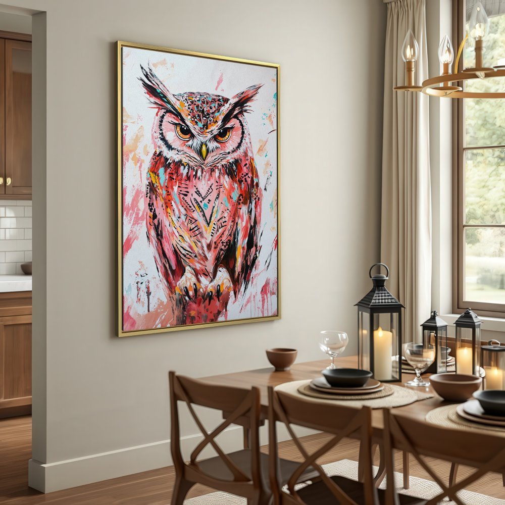 Abstract owl Canvas Print in red, pink, and orange hues. Modern wall art for home decor.