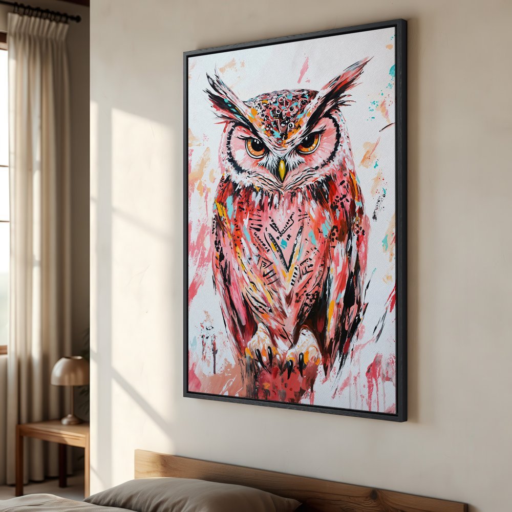 Framed Wall Art: Colorful owl painting in a modern, abstract style. Featuring a vibrant pink, red, and teal color palette. Perfect for home decor.