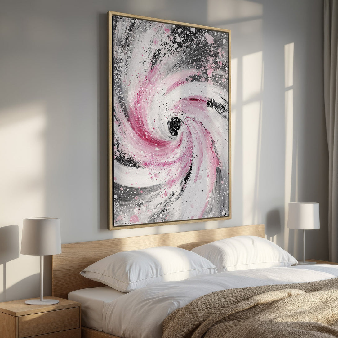 Framed Wall Art: Abstract swirl canvas print in pink, black, and white. Modern art decor for bedroom or living room.