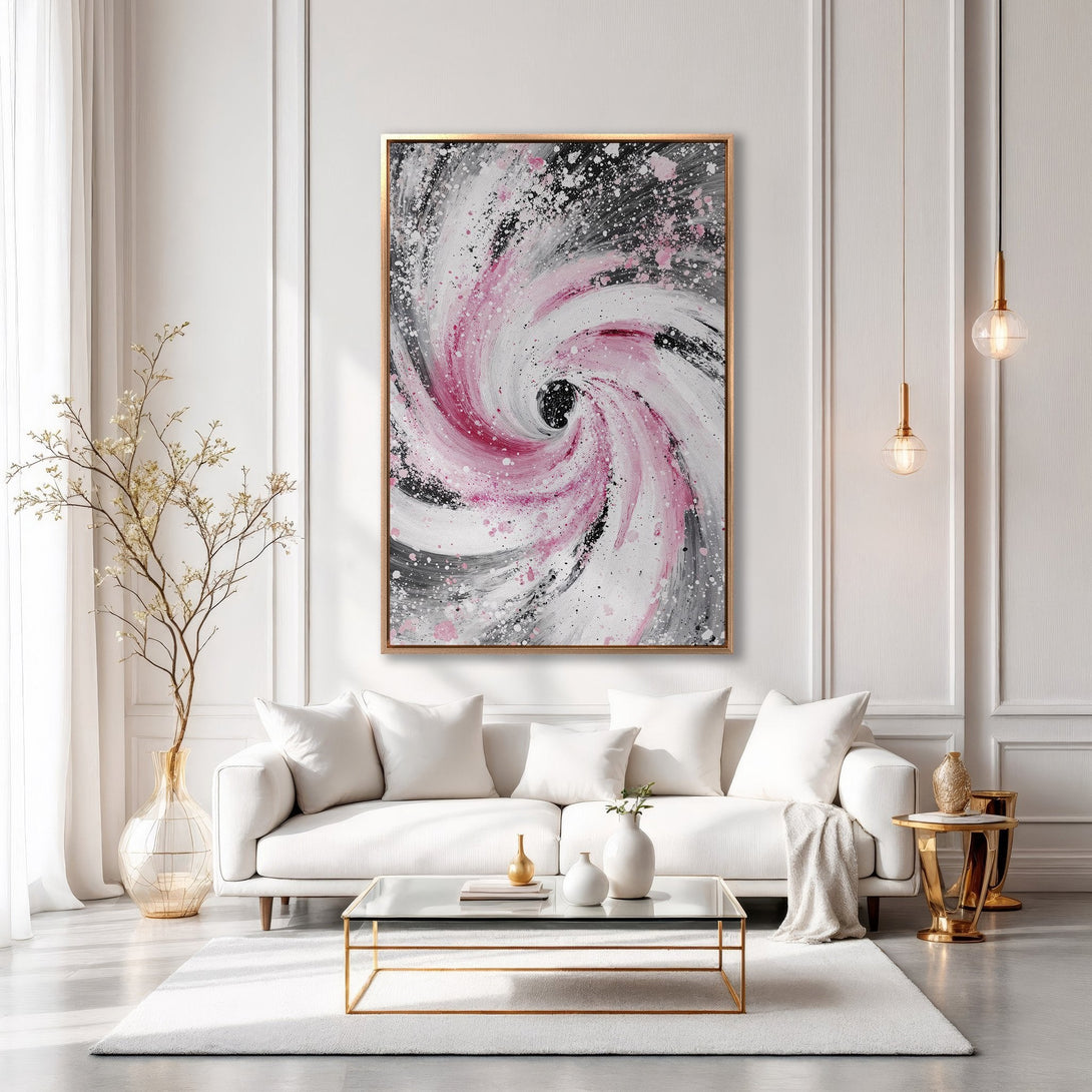 Framed Wall Art: Abstract swirl painting in pink, black, and white. Modern art canvas print adds a stylish touch to a living room interior.