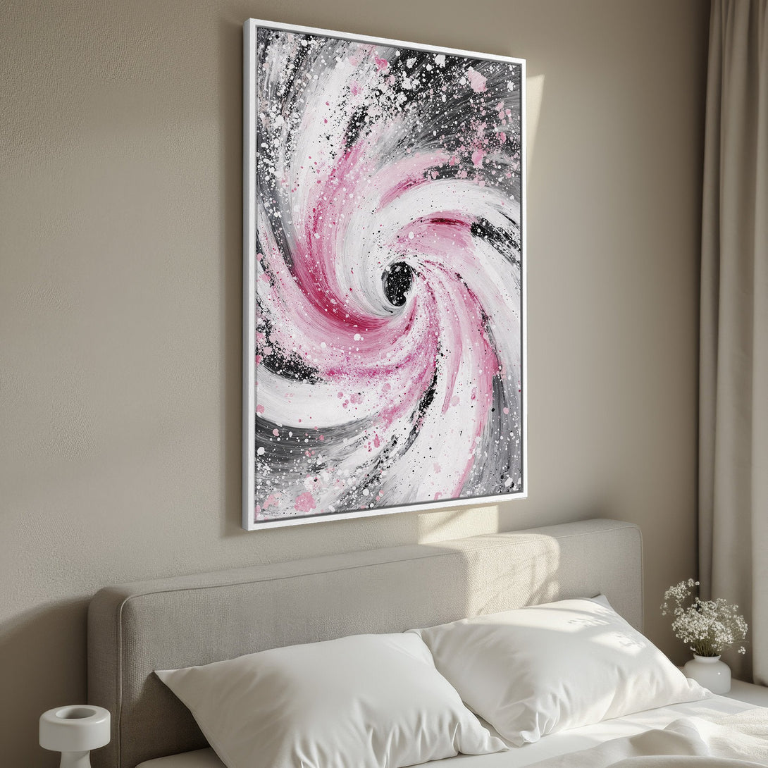 Framed Wall Art: Abstract swirl design in pink, white, and black. Modern canvas print adds a pop of color to any bedroom. Shop now!