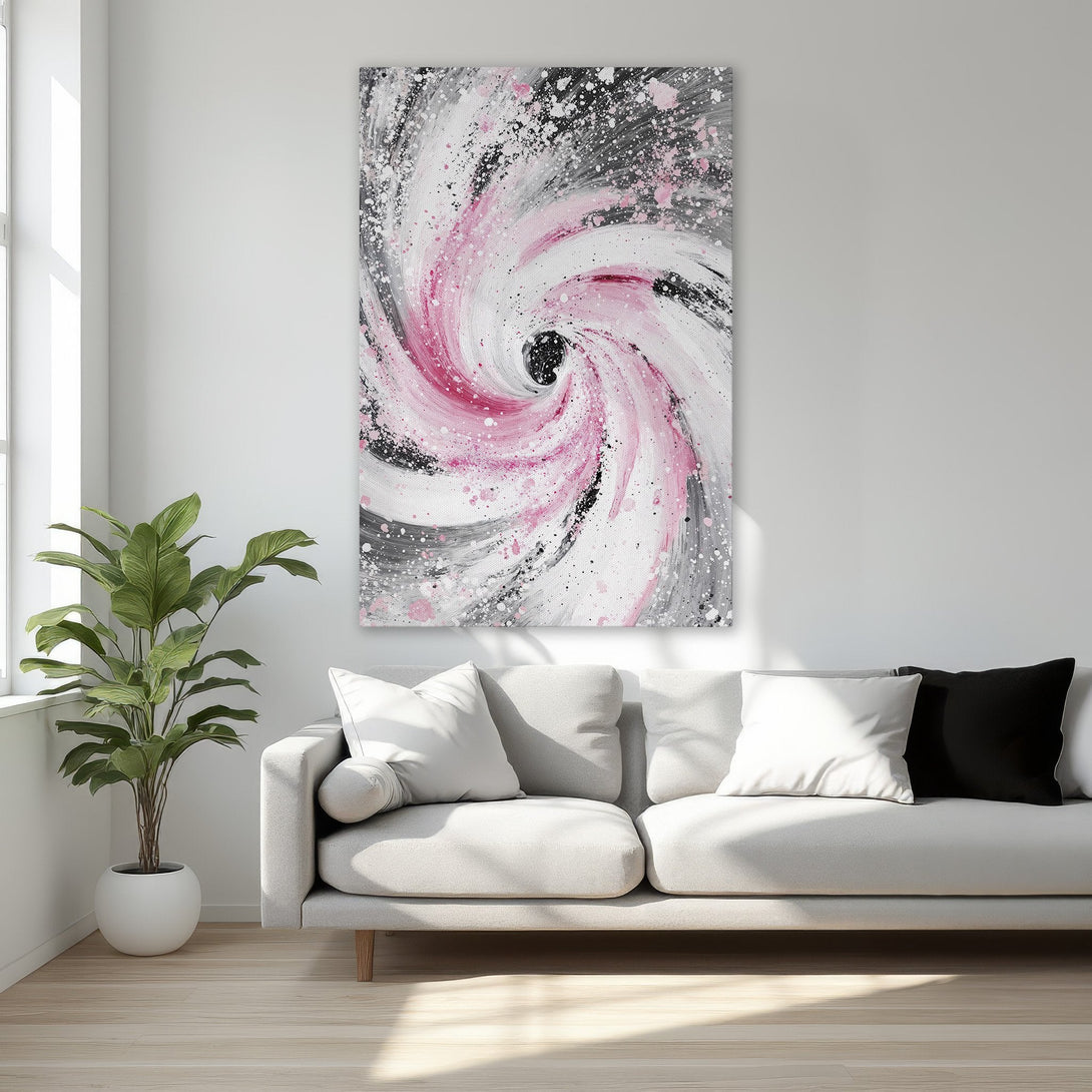 Framed Wall Art: Abstract swirl canvas print in pink, white, black, and gray. Modern art for bedroom decor. Add a touch of elegance to your home!