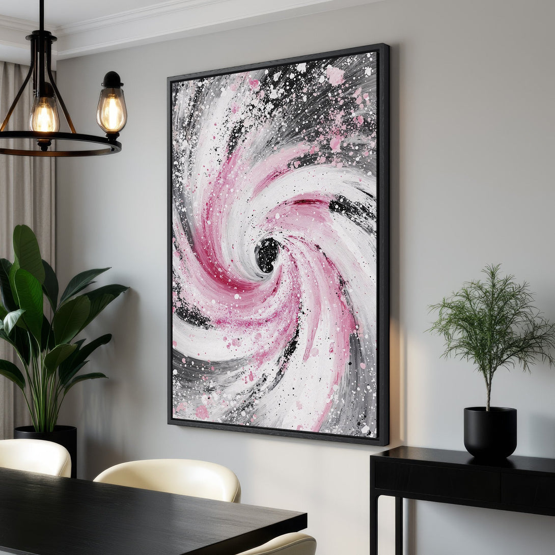 Framed Wall Art: Abstract swirl design in pink, white, and black. Modern art canvas print adds a pop of color to any interior. Shop now!