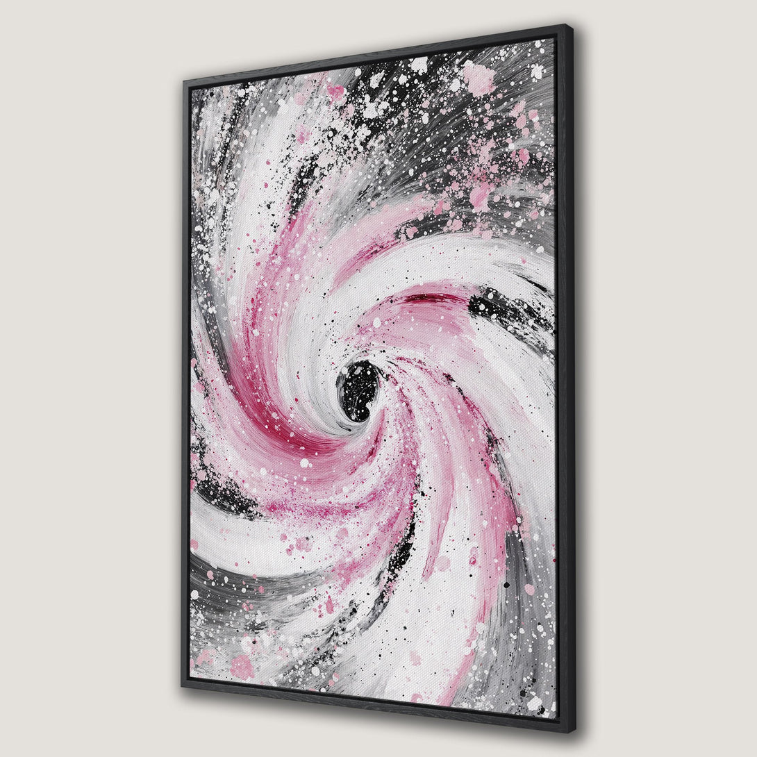 Framed Wall Art: Abstract swirl canvas print in pink, white, black, and gray. Modern art for your home decor.