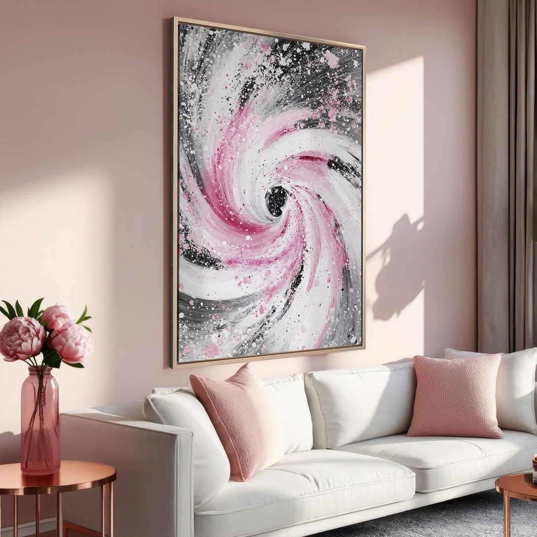 Framed Wall Art: Abstract spiral canvas print in pink, white, and gray. Modern art for living room decor. Enhance your space!