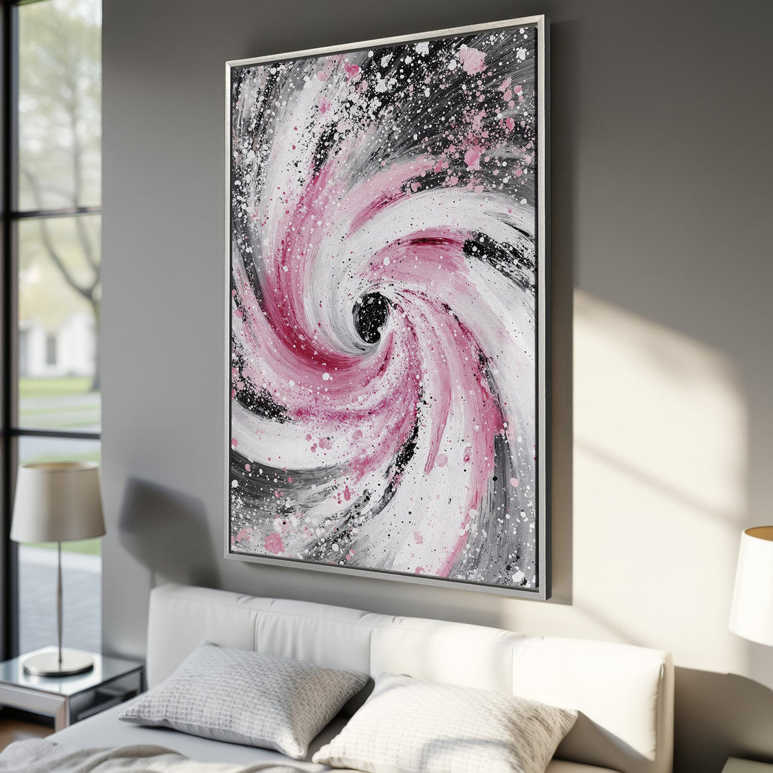 Framed Wall Art: Abstract spiral canvas print in pink, white, and black. Modern art for bedroom decor. Shop unique wall art today!