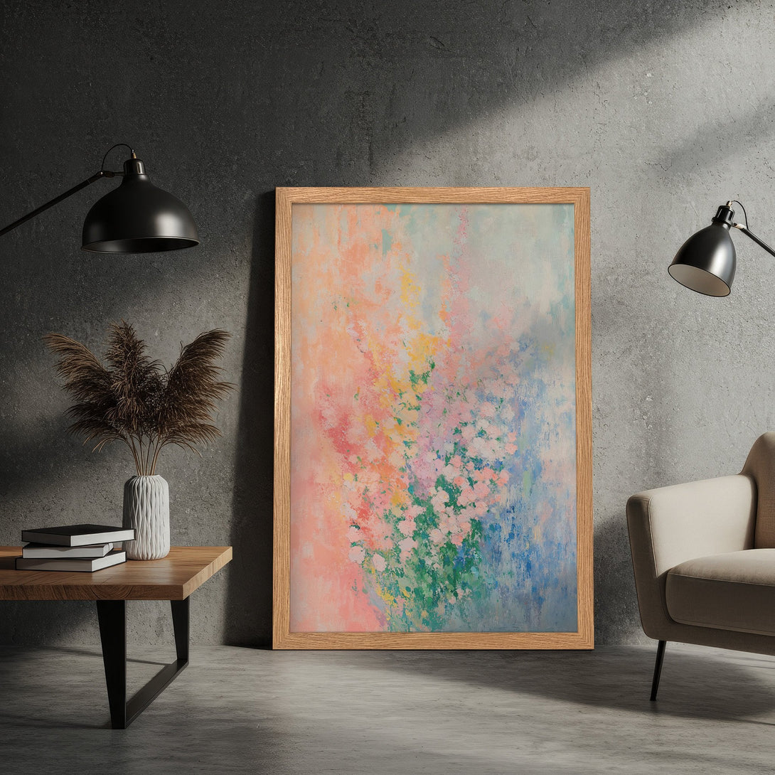 Framed Poster featuring an abstract floral design with a pastel color palette. Perfect wall art for any space!