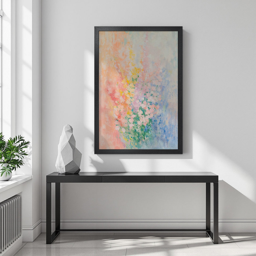 Framed Poster featuring an abstract floral design in a pastel color palette. Perfect wall art to brighten any space.