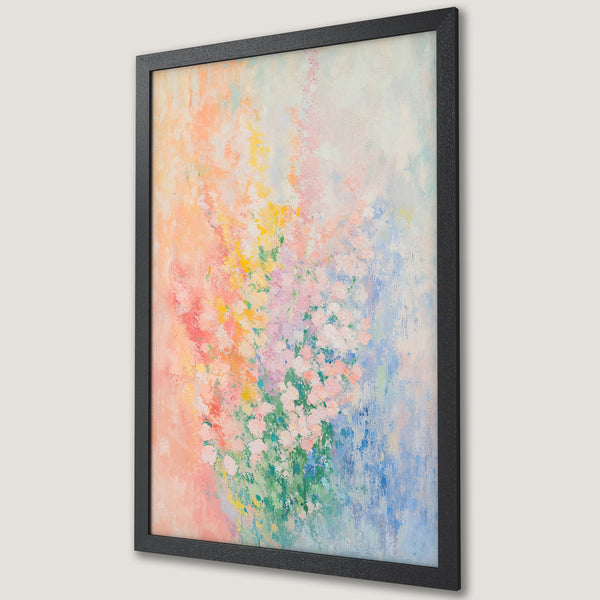 Framed Poster featuring an abstract floral painting in pastel colors. Modern art print for home decor.