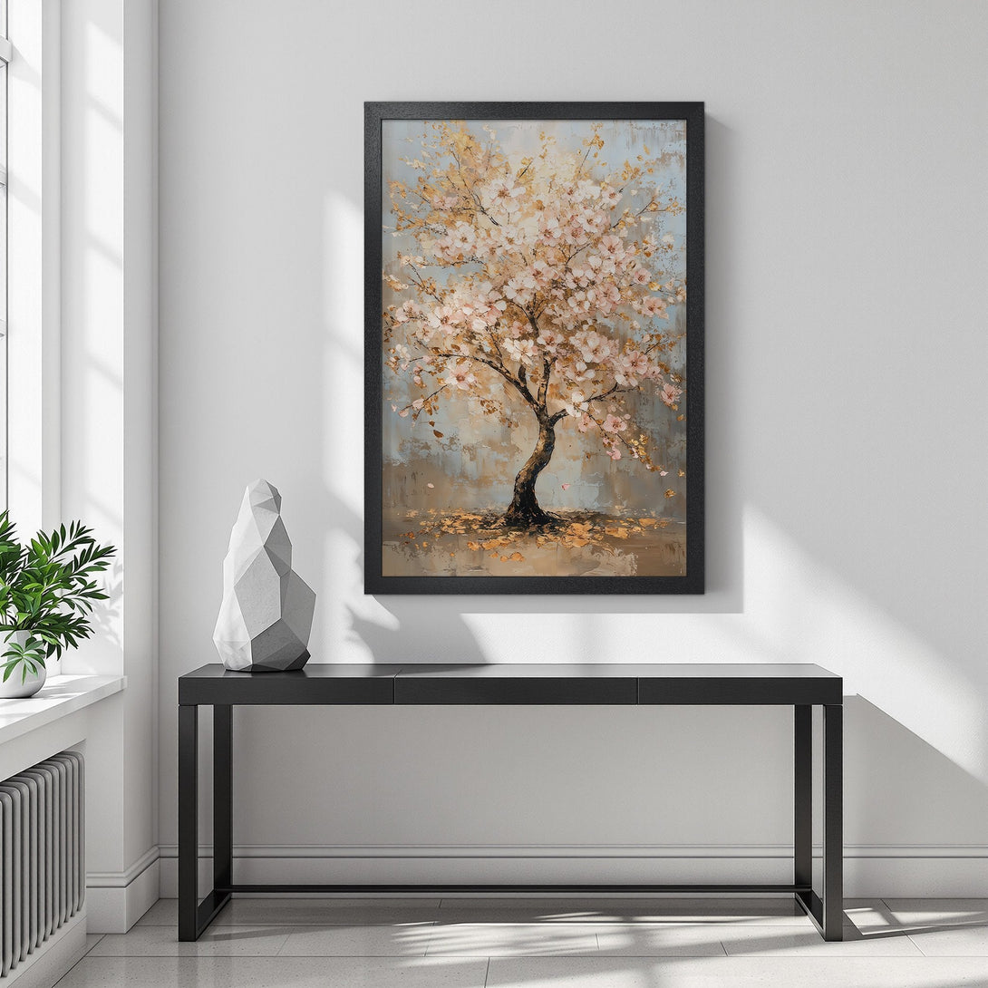 Framed Poster featuring a blooming tree in soft pastel colors. Enhance your space with this beautiful art print!