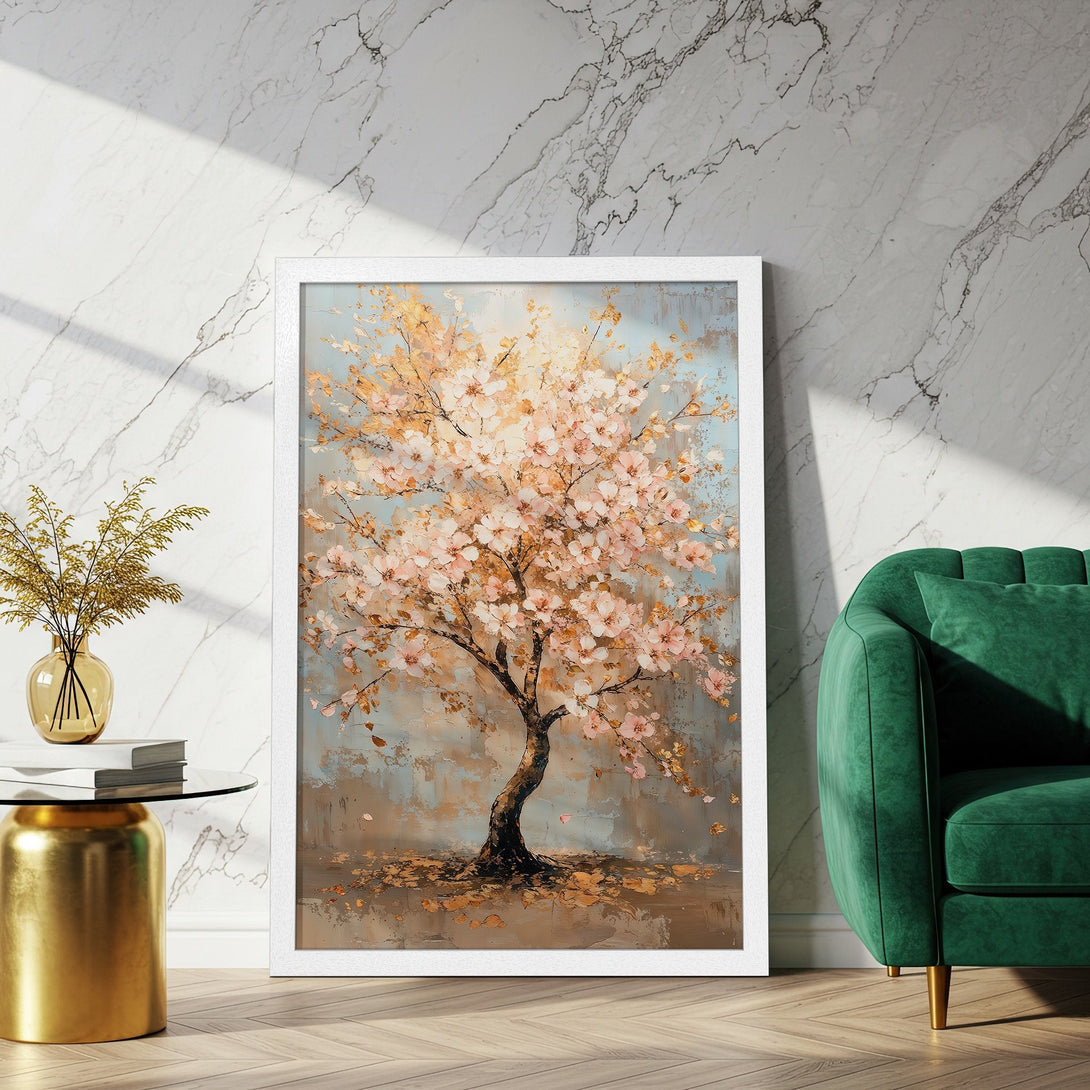 Framed Poster of a blooming tree in soft pastel colors. Enhance your space with this beautiful art print.