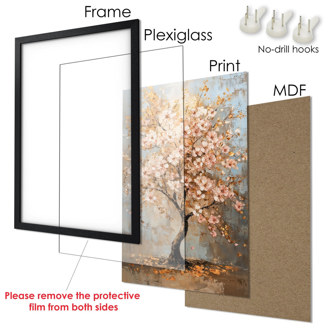 Framed Poster featuring a blossoming tree art print. Soft pastel colors with a textured, artistic style. Perfect wall decor.