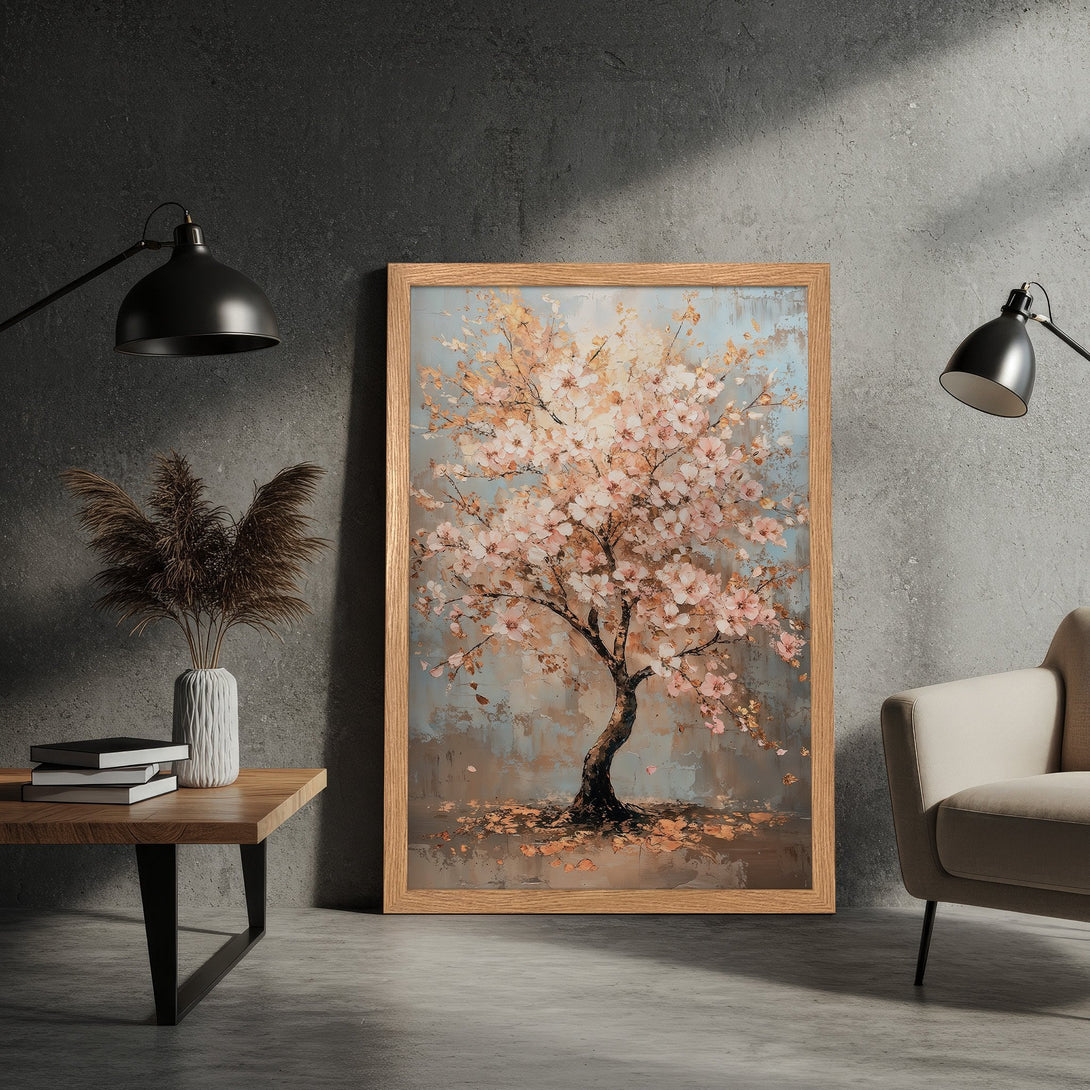 Framed Poster featuring a blossoming tree in a soft, impressionistic style with a warm, neutral color palette. Perfect for home decor!