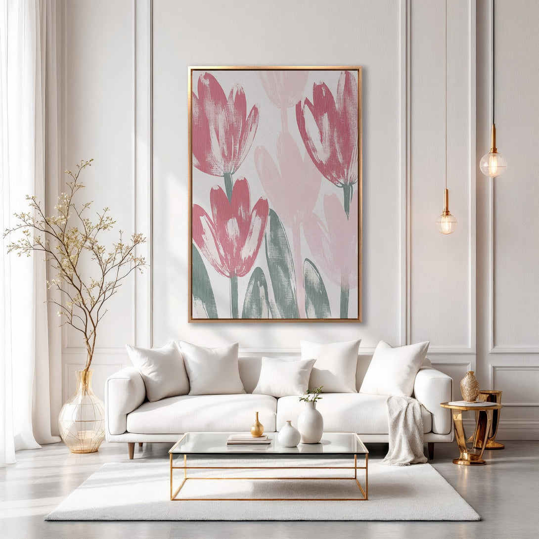 Framed Wall Art featuring a floral abstract design in pink and green hues, adding a touch of elegance to a modern living room.