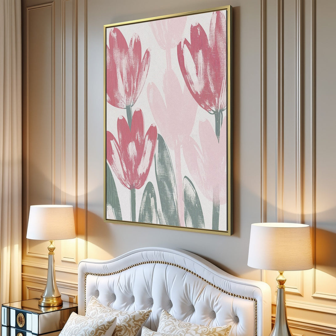 Canvas Print featuring abstract pink floral art, a modern style with a soft, pastel color palette. Perfect for living room decor.