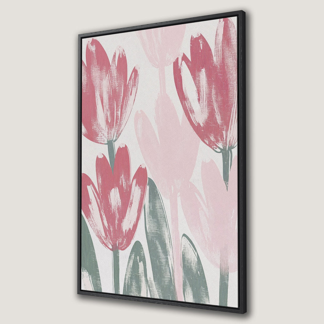 Framed Wall Art featuring abstract floral art in pink and green hues. Modern canvas print perfect for adding a touch of elegance to your home decor.
