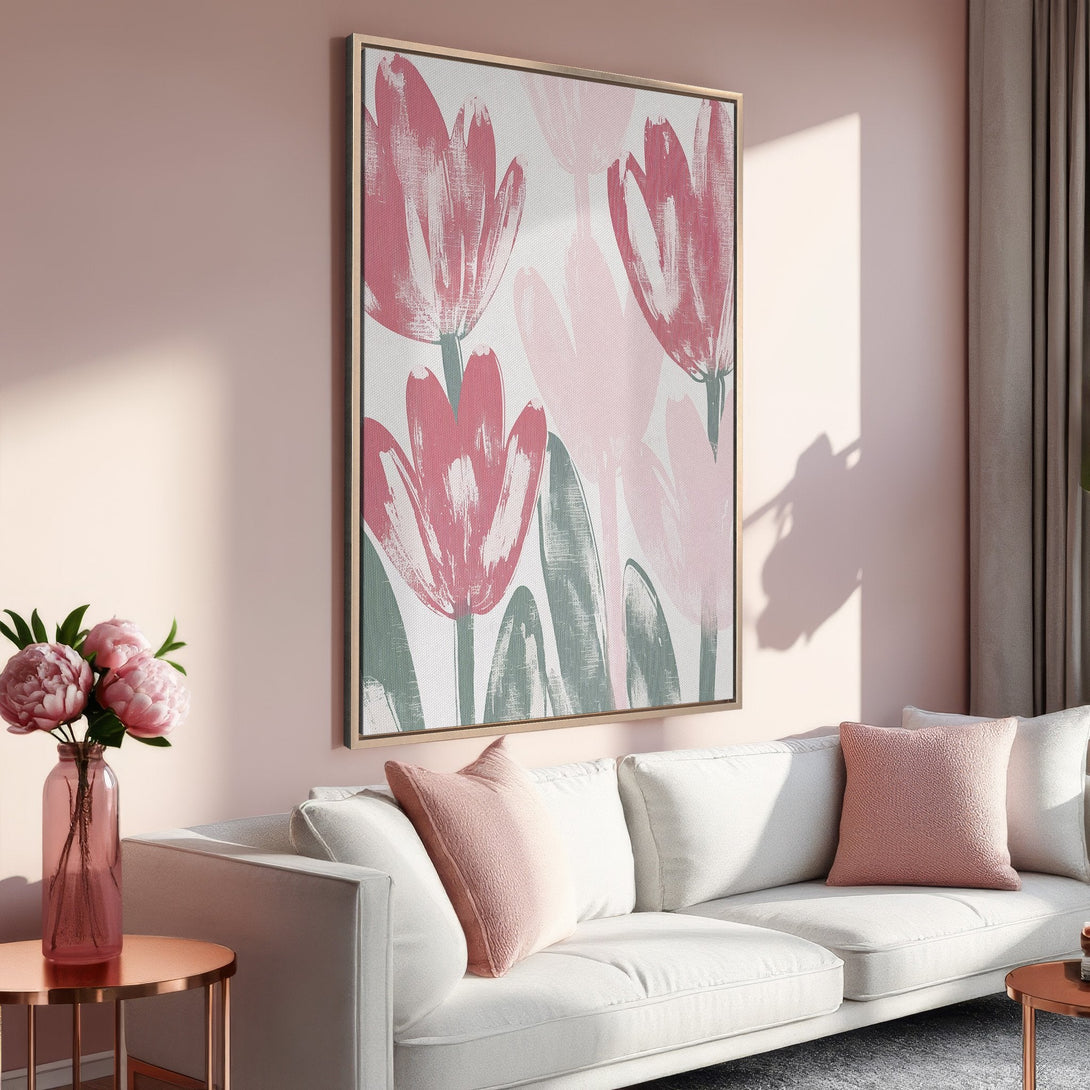 Framed Wall Art featuring abstract pink floral design. Modern canvas print adds a touch of elegance with a soft, blush color palette. Perfect for home decor!