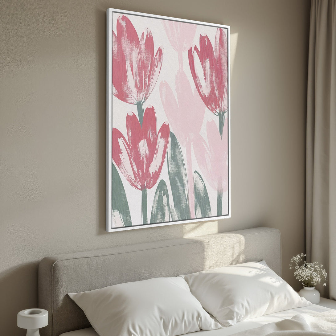 Framed Wall Art: Abstract floral Canvas Print in pink and green hues. Modern art to elevate your bedroom decor.