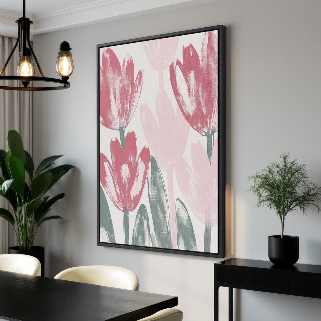 Framed Wall Art featuring abstract floral design in pink and green hues. Modern canvas print for a stylish interior.