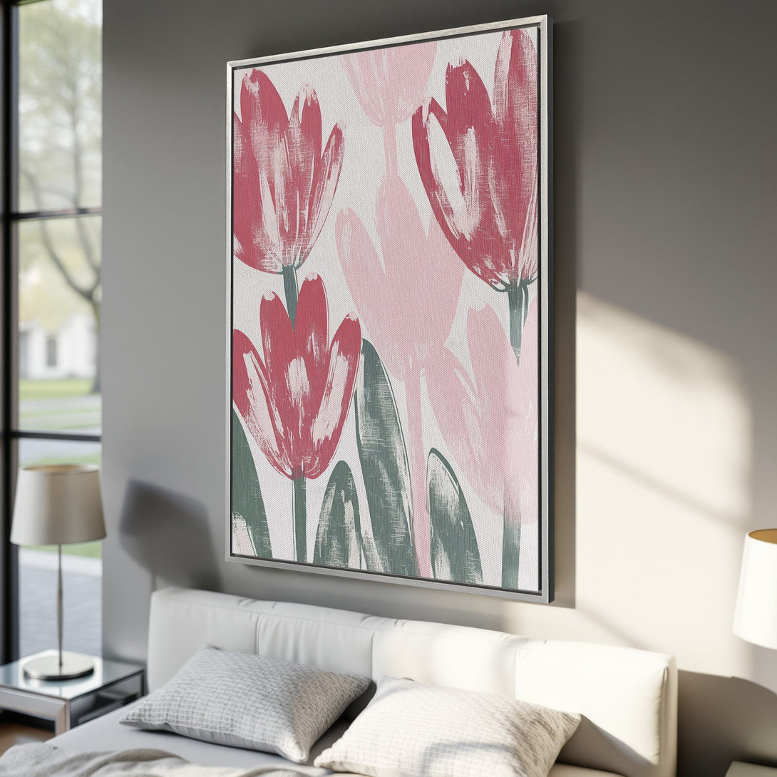 Framed Wall Art featuring abstract floral art in a pink and green palette. Modern canvas print adds a pop of color to any interior.