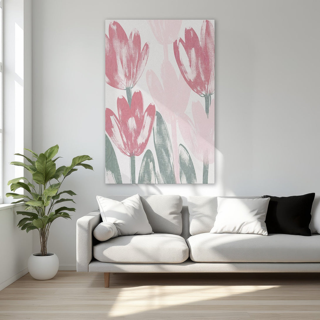 Framed Wall Art: Abstract floral canvas print in pink and green tones. Adds a touch of elegance to any bedroom decor. Shop now!